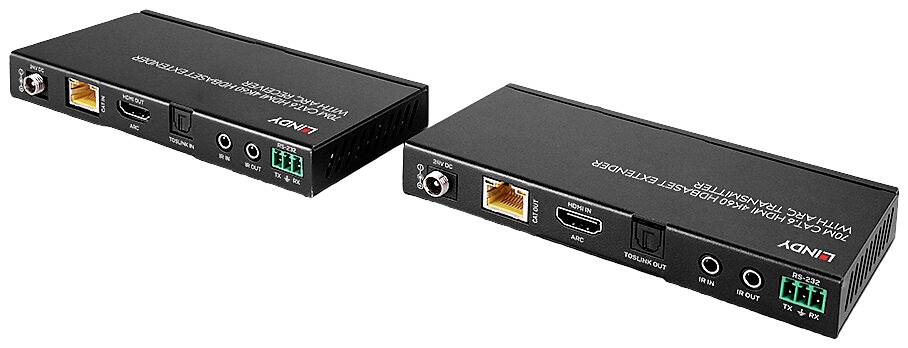 Twee zwarte HDMI-extenders met aansluitingen en labels op de bovenkant, ideaal voor het verlengen van video- en audiosignalen.