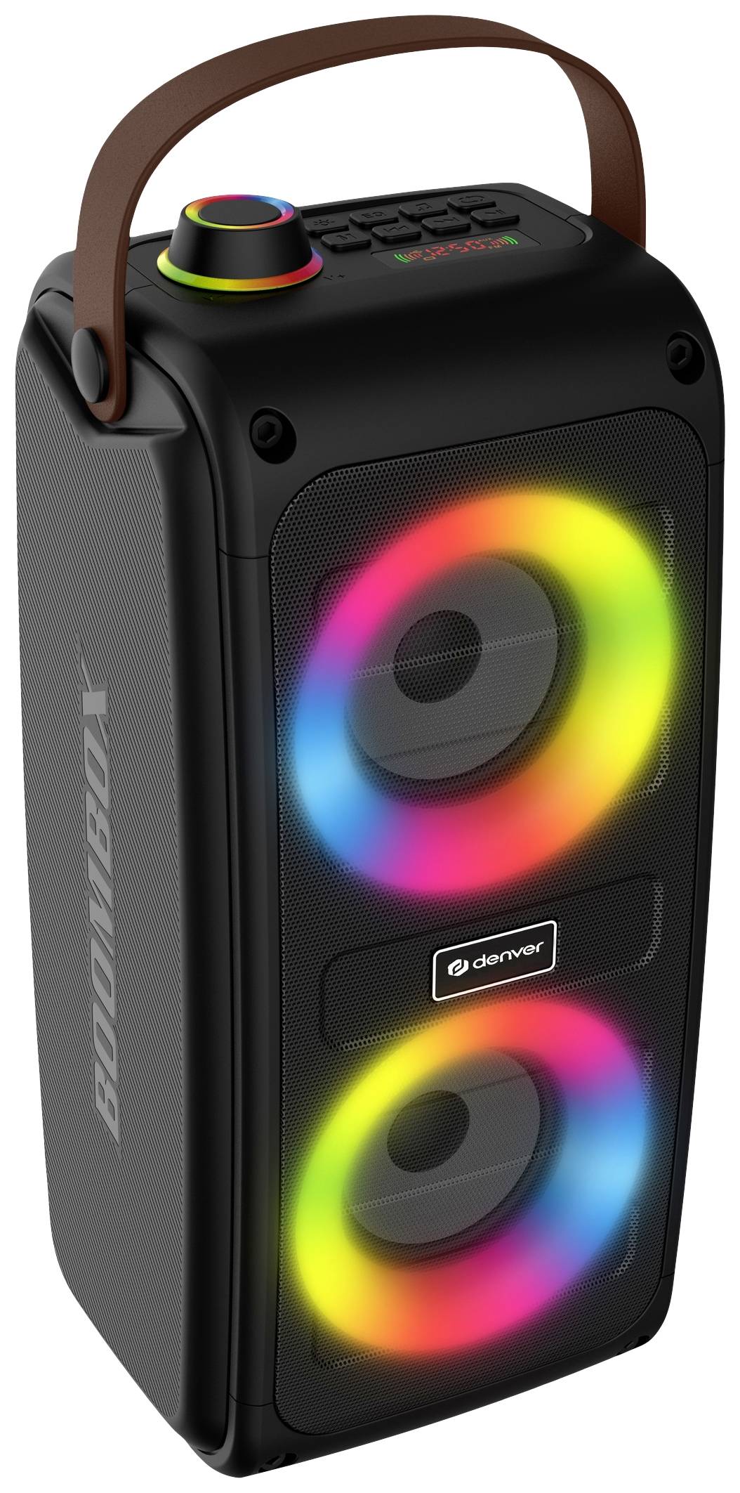 Draagbare luidspreker met gekleurde LED-verlichting rond de speakers, behuizing in donkergrijs, leren handgreep. Bovenop bevinden zich bedieningselementen.
