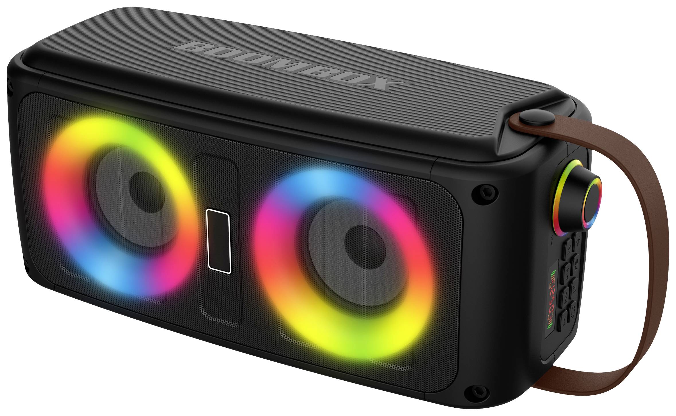 Zwarte draagbare boombox met LED-verlichting in regenboogkleuren rond de speakers, bruine handgreep, volumeregelaar rechts.