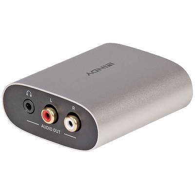 Compacte audio-converter met aansluitingen voor koptelefoon en stereo-uitgangen 'L' en 'R'. Zilverkluis behuizing met zwarte voorkant.