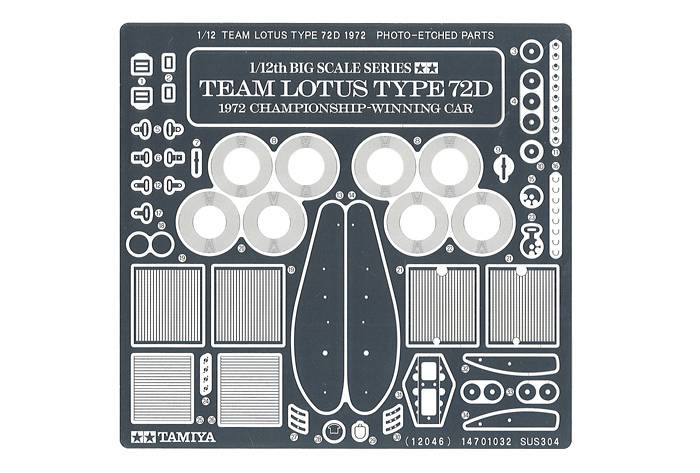 'Metalen onderdelen voor 1/12 Tamiya Lotus Type 72D modelauto, winnaarauto 1972. Bevat verschillende onderdelen voor assemblage.'