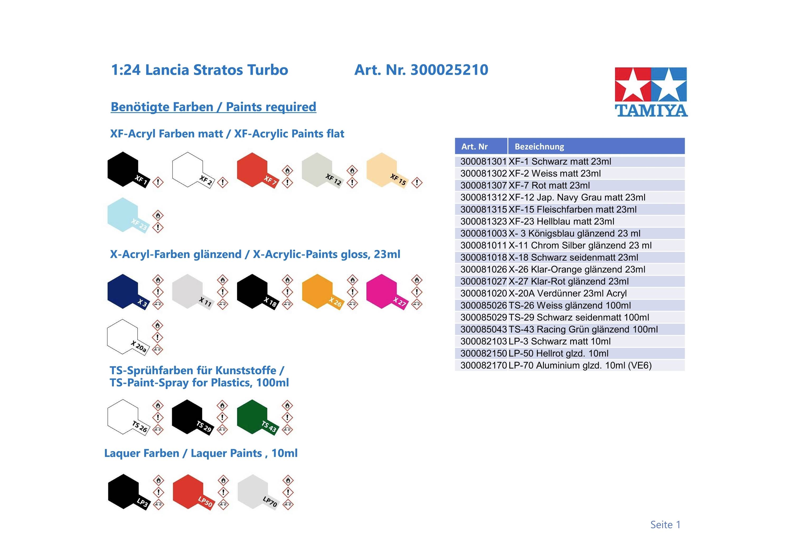 '1:24 Lancia Stratos Turbo, Art. nr. 300025210'; benodigde kleuren: XF-Acryl mat, X-Acryl glanzend, TS-spuitlak, 23-30 ml; Tamiya-logo.
