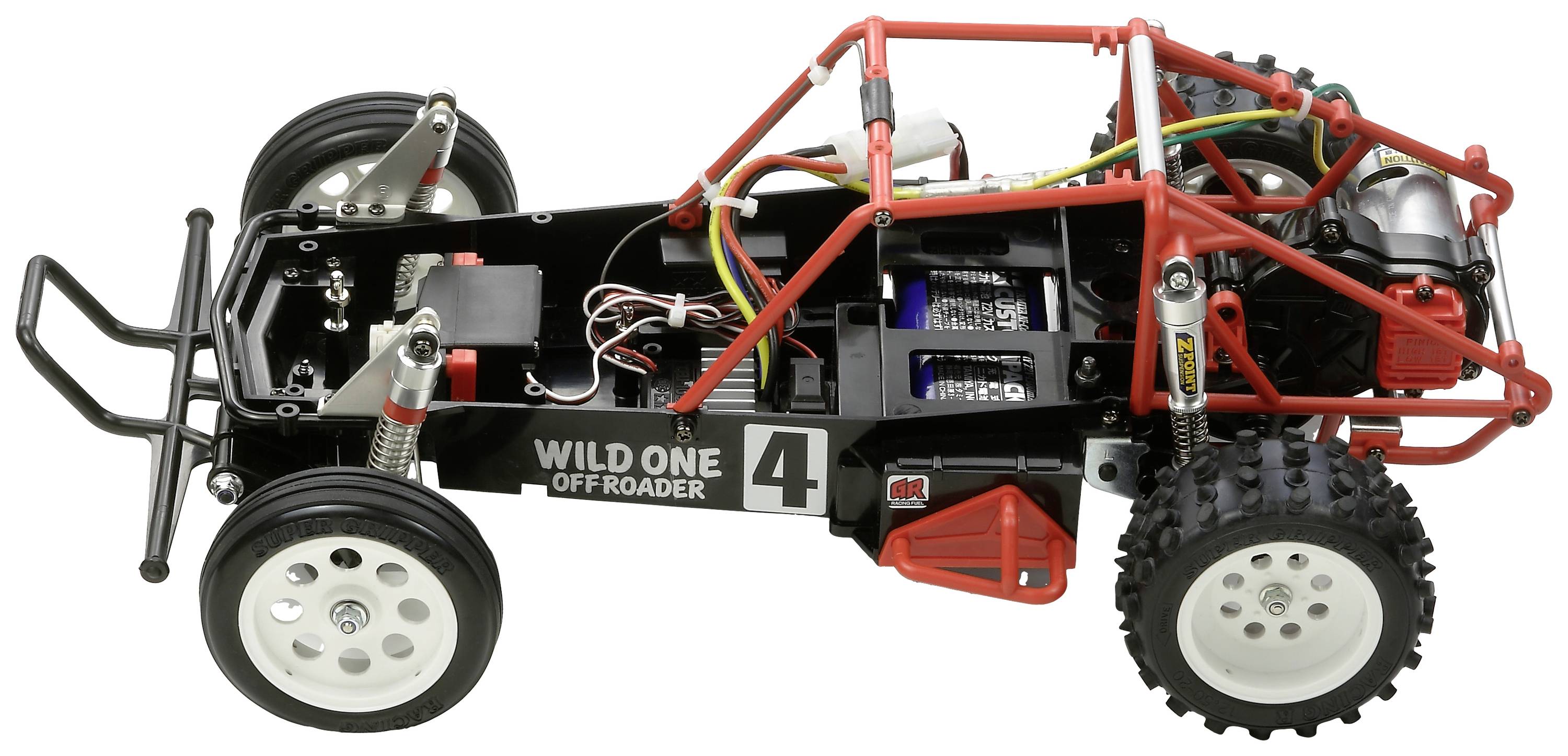 Afstandsbediende auto met rode omlijsting en zwarte details. Off-road banden, zichtbare bekabeling en motor. Modelnaam: 'Wild One Off Roader 4'.