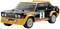 Een modelauto van een klassieke rallywagen in zwarte en gele lak, met startnummer 3 en sponsorstickers.