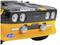 Rallywagen met geel-zwart design, afgeronde koplampen en stickers, inclusief 'Fiat Abarth' en 'Magneti Marelli'.