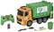 Speelgoed-vuilniswagen met afstandsbediening, batterijen en oplaadkabel. De vrachtwagen is oranje met een groene afvalcontainer. Een sticker toont 'Go Green - Reuse Recycle Renew'.