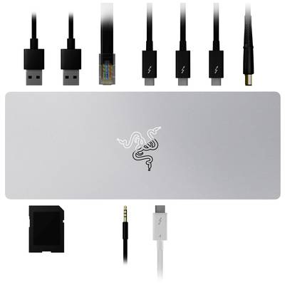 Een zilveren adapter met meerdere aansluitingen, waaronder USB, Ethernet, HDMI en Audio. Hij dient ter verbinding van verschillende apparaten.