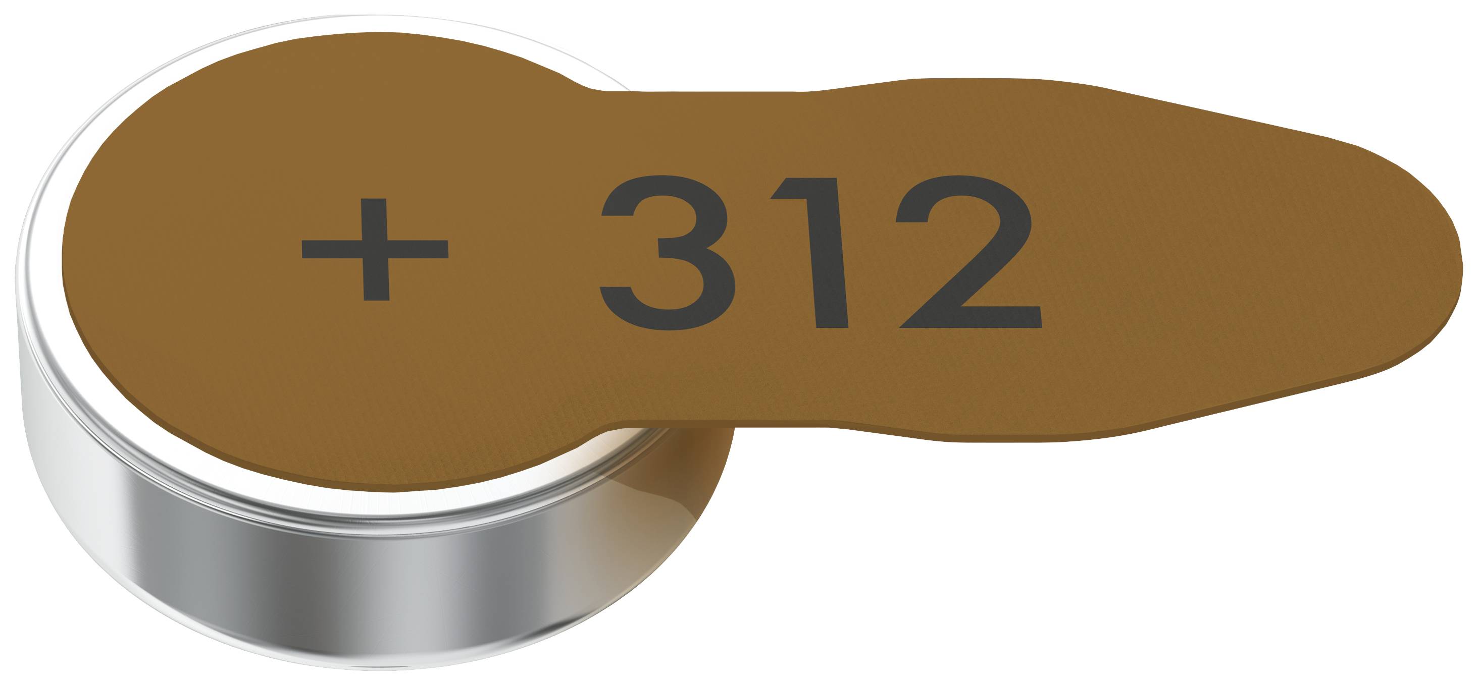 Bruine lap met de tekst '+312' op een zilveren, rond metalen voorwerp.