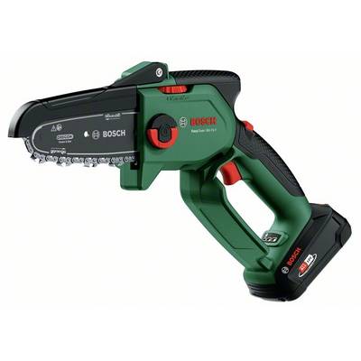 'Accu-kettingzaag in Groen en Zwart, met ergonomische handgreep en Bosch-logo, geschikt voor lichte tuinwerkzaamheden.'