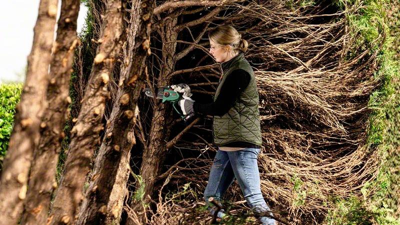 Een persoon zaagt met een elektrische zaag aan een stapel boomstammen. Ze draagt een vest en spijkerbroek.