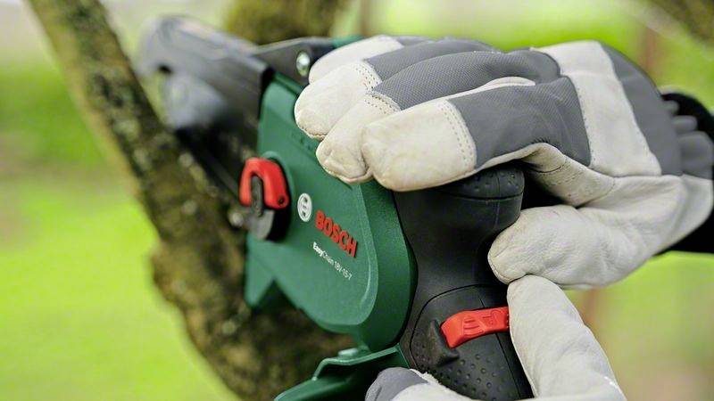 Een persoon draagt handschoenen en houdt een elektrische kettingzaag bij een boomtak, klaar voor gebruik.