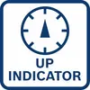Een symbool met een pijl die met de klok mee naar boven wijst, vergezeld van het opschrift 'UP INDICATOR'.