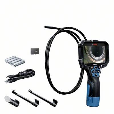 Een inspectiecamera-set met monitor, flexibele kabel, batterijen, geheugenkaart, USB-kabel en montagebeugels voor technische doeleinden.