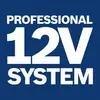 'Professioneel 12V-systeem' in witte tekst op een donkerblauwe achtergrond.