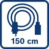 'Symbool van een kabel met stekkers aan beide uiteinden, omgeven door een vierkant. Tekst: 150 cm.'