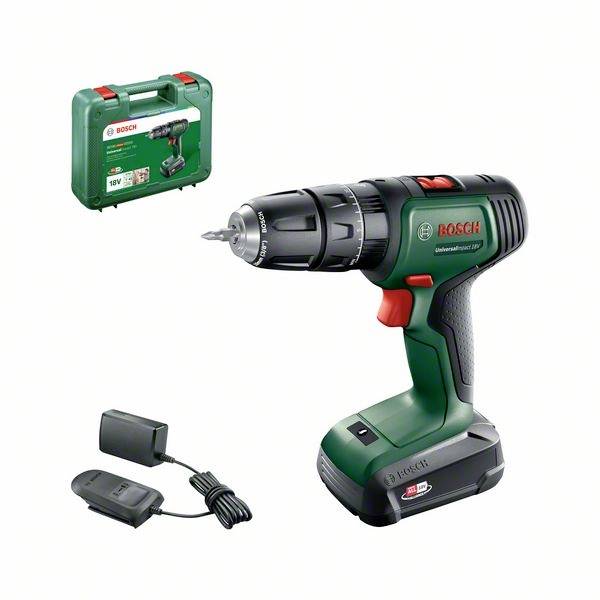 Bosch accuschroevendraaier in het groen met toebehoren: oplader en transportkoffer op de achtergrond.