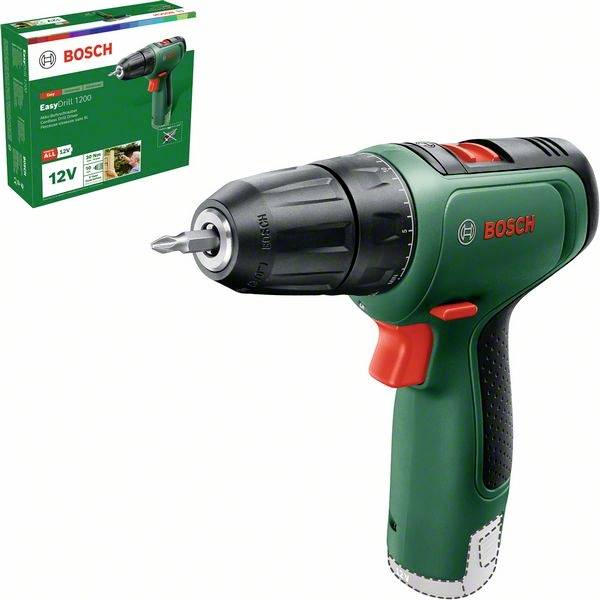 Accuschroefboormachine van Bosch, model EasyDrill 1200, met laadstation en verpakking. Voornamelijk in groen, zwart en rood.