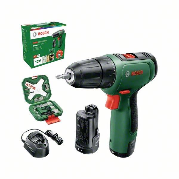 'Bosch EasyDrill-12V accuschroefmachine' met oplader, reserveaccu, boorbitjes in doos. Ideaal voor doe-het-zelfprojecten.