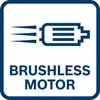 'Brushless Motor'-symbool op een witte achtergrond met een blauwe rand. Weergave van een motor met lijnen die beweging aanduiden.
