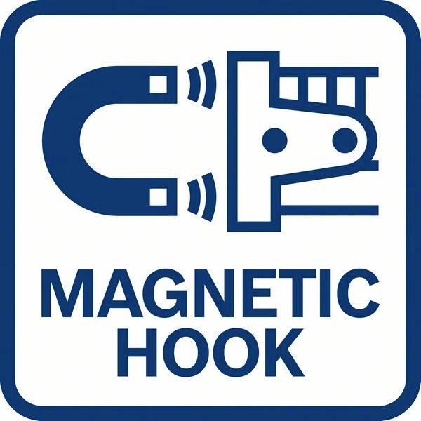 Een bord toont een magneet en een haak met het opschrift 'MAGNETIC HOOK', wat wijst op de magnetische functionaliteit.