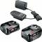 Twee Bosch-accu's (2.0 Ah en 4.0 Ah) en een oplader. De tekst op de accu's promoot "Bosch Power for All 18V".