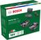 Bosch 18V starterset verpakking met lader, voedingsadapter en twee lithium-ionbatterijen met een capaciteit van 2,0 Ah en 4,0 Ah.