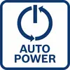 'Auto Power'-symbool met een blauwe cirkel en een naar boven wijzende pijl. Geeft automatische inschakelfunctie aan.