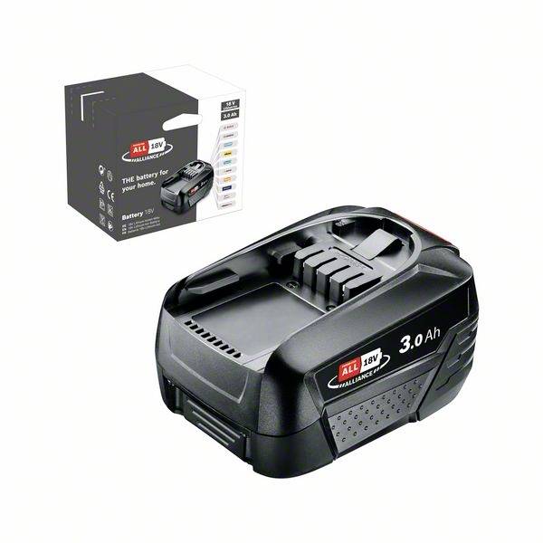 Een 18V 3.0 Ah accu, zwart, ligt voor een verpakking. Geschikt voor gereedschappen. Verpakkingsontwerp toont compatibiliteit.
