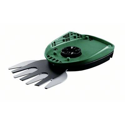 Een groene opzetstuk voor een elektrische heggenschaar met korte, brede messen, geschikt voor het knippen van kleine struiken en gras.