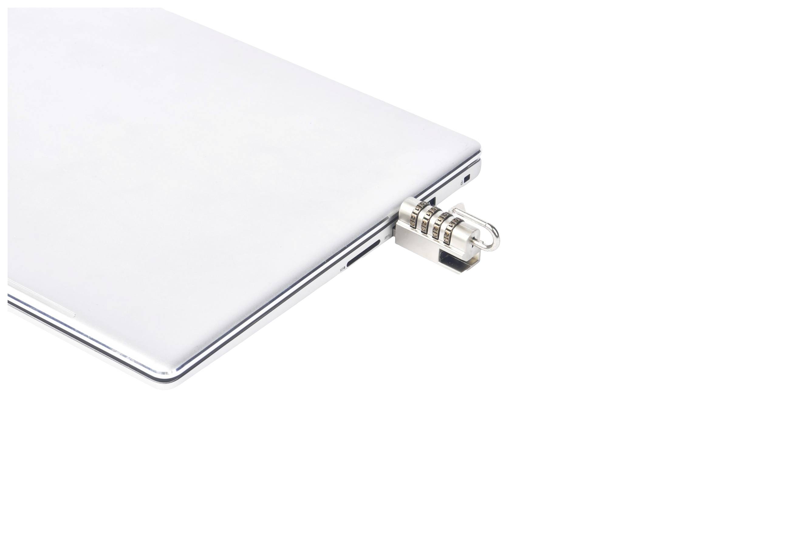 Een laptop met een kabelslot aan de rechterkant. Het slot beveiligt het apparaat fysiek om diefstal te voorkomen.