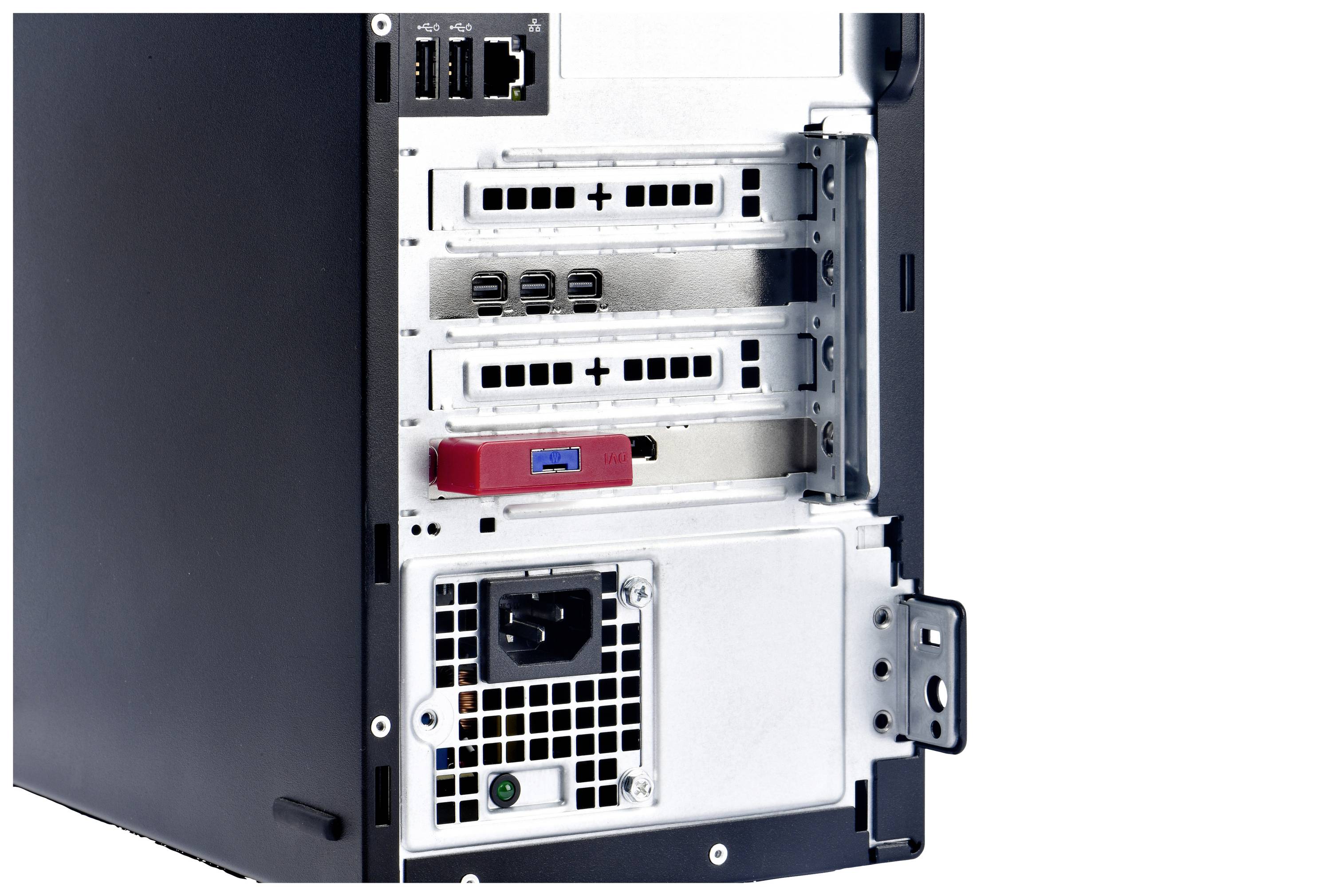 Achterkant van een computerbehuizing met aansluitingen en uitbreidingskaartsleufjes. Netwerk- en USB-poorten zichtbaar.