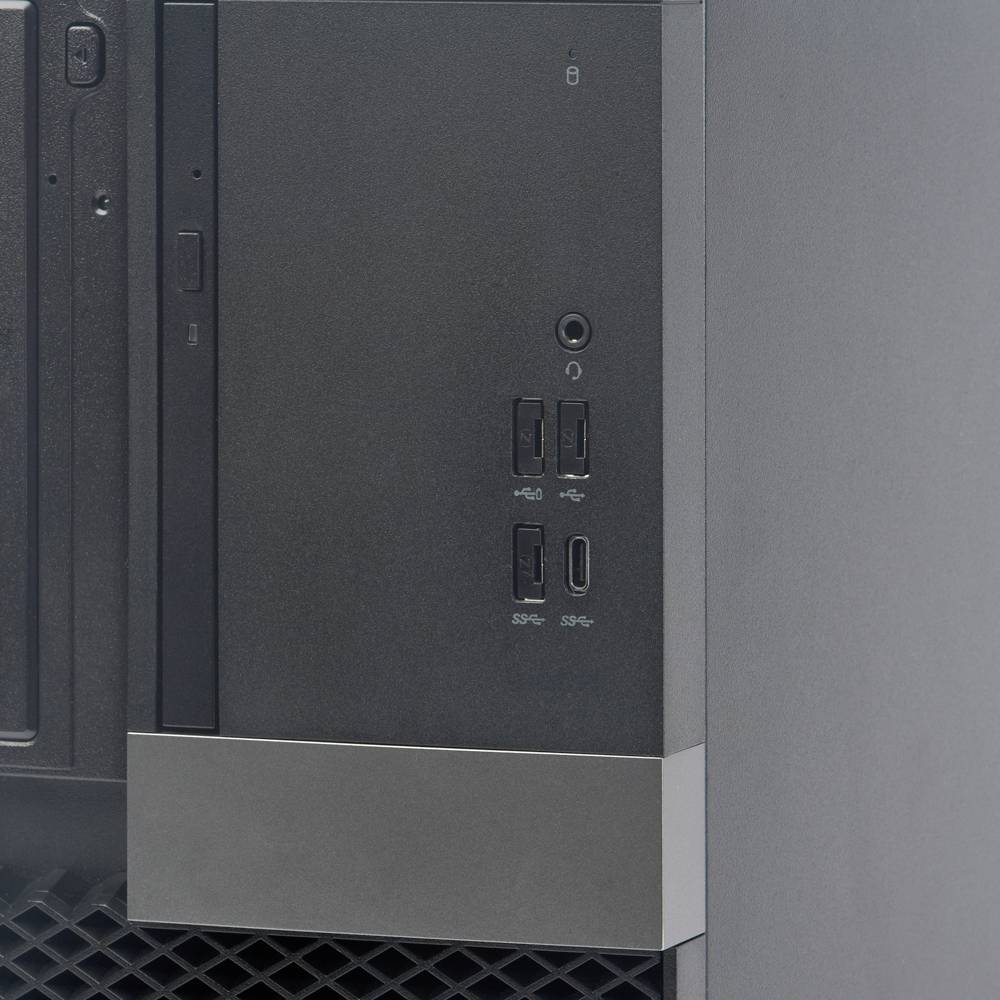 'Voorkant van een desktopcomputer, toont aansluitingen voor USB en Audio. Heldere en moderne vormgeving met zwarte afwerking.'