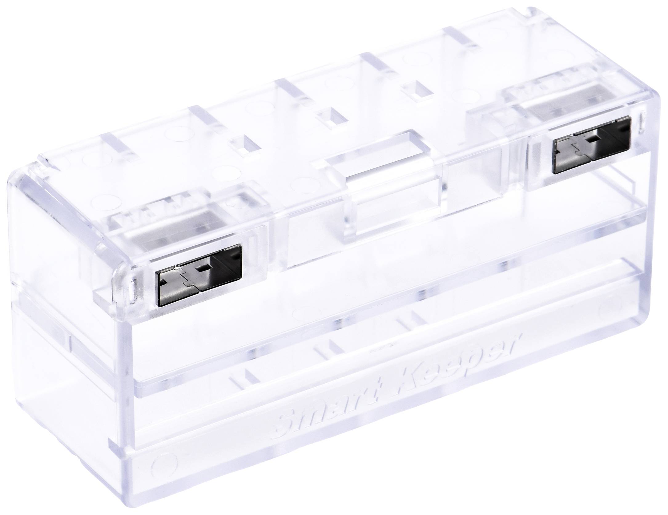Transparante kunststof doos met twee USB-poorten aan de zijkanten, bedoeld voor opslag of beveiliging van elektronische apparaten.