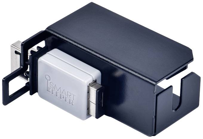 'Zwarte kunststof clip met ingebouwd USB-apparaat waarop de naam 'Smart Keeper' staat.'