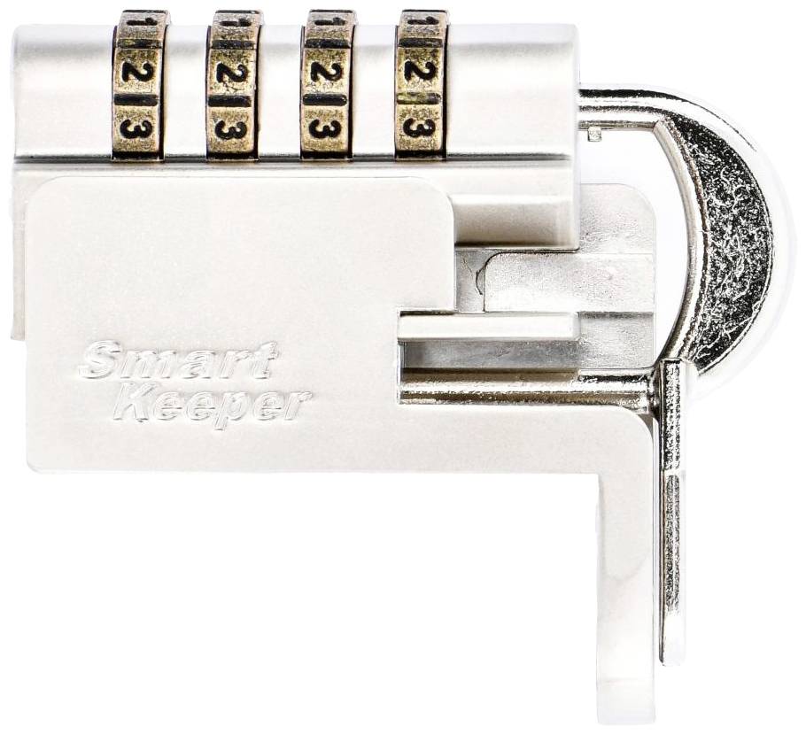 Metalen hangslot met nummercode-mechanisme, viercijferige combinatie '3-2-1-3', gegraveerd 'Smart Keeper'-logo op het oppervlak.