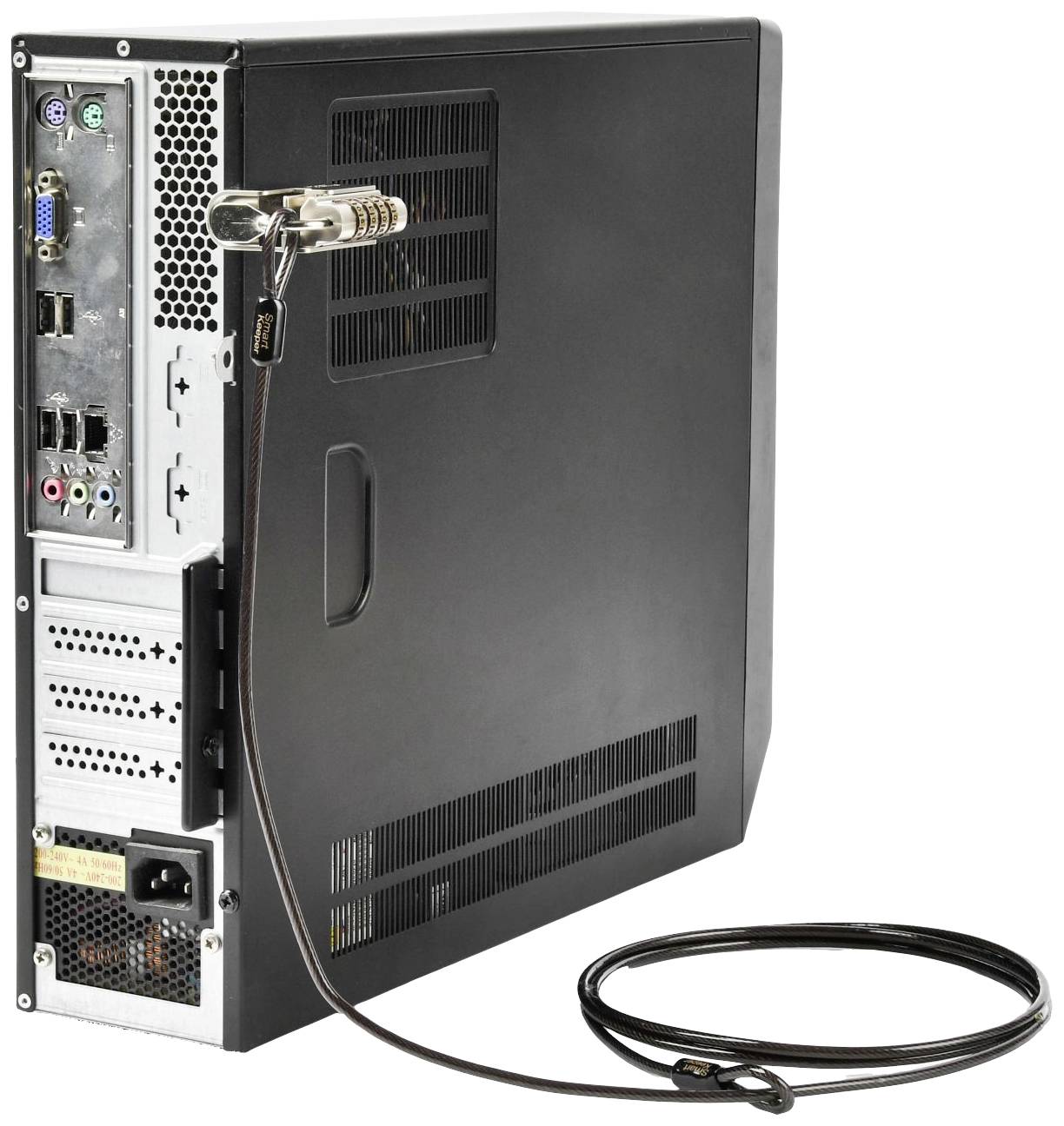 Een desktop-computer met een beveiligingskabelslot aan de achterkant, dat diefstal voorkomt.