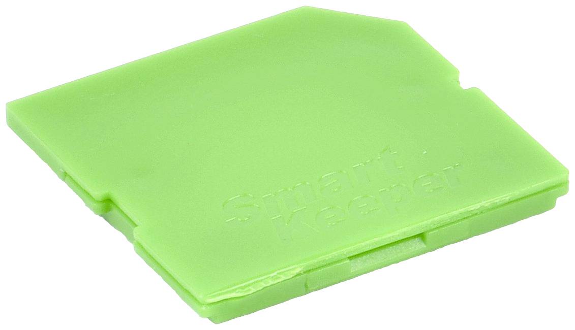 Groene plastic afdekking met de tekst 'Smart Keeper', die dient als beschermkap voor SD-kaartsleuven.