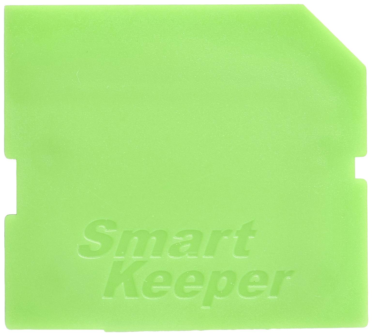 Groene plastic afdekking met de tekst 'Smart Keeper', gebruikt om SD-kaartsleuven te beschermen tegen ongeautoriseerde toegang of stof.