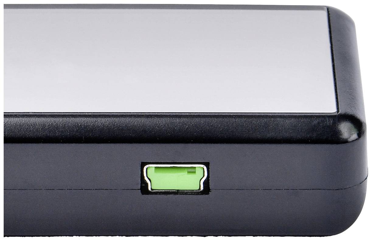 Zwart apparaat met rechthoekig ontwerp, groene USB-poort aan de zijkant, zilveren bovenkant.