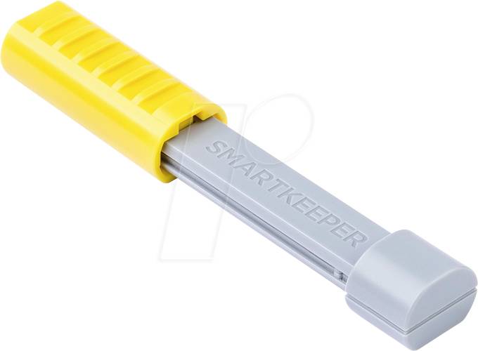 Een grijze USB-beschermer met een gele handgreep voorkomt ongeautoriseerde toegang tot USB-poorten.