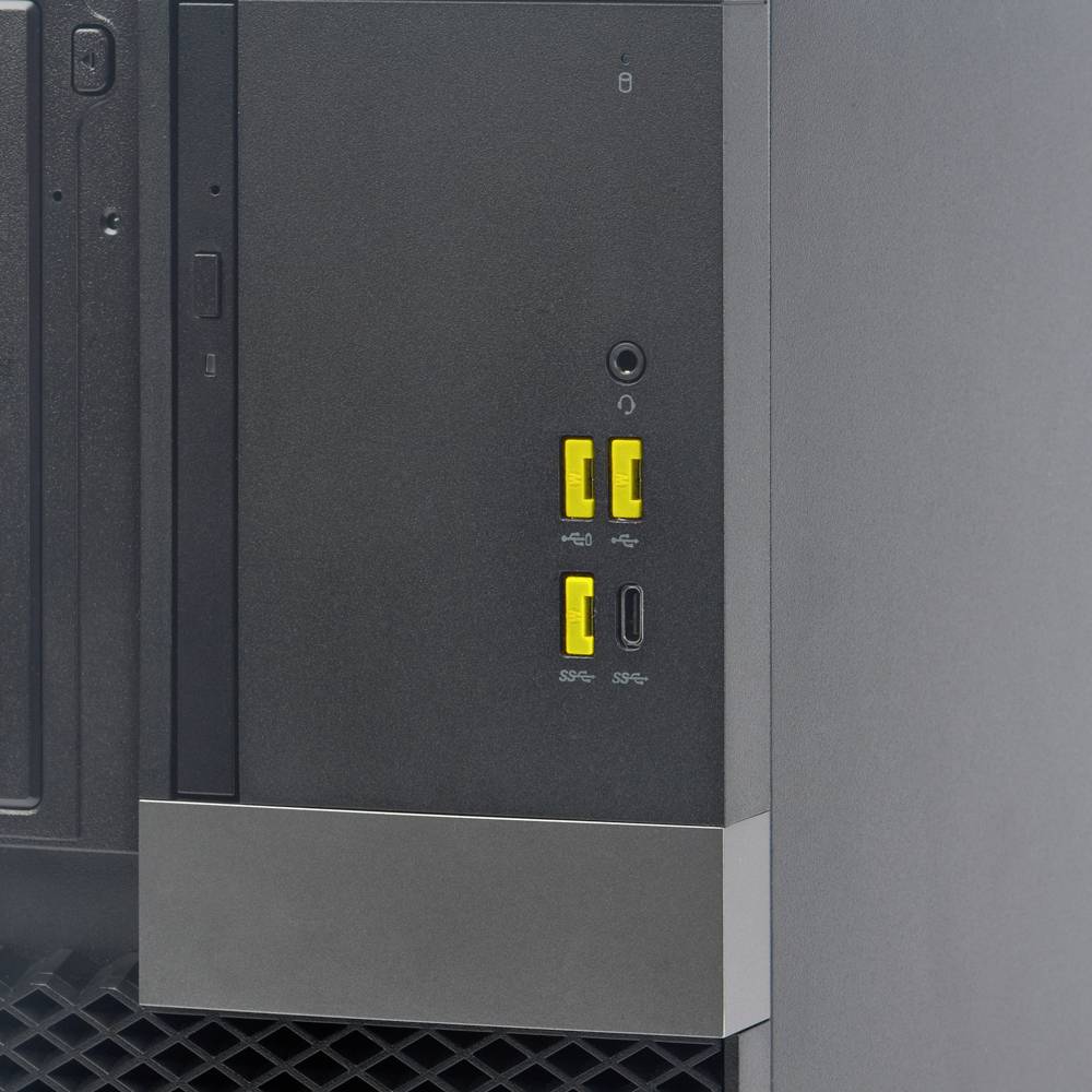 Voorkant van een computerbehuizing met twee gele USB-poorten en twee kleinere aansluitingen voor audio-apparaten en gegevensoverdracht.