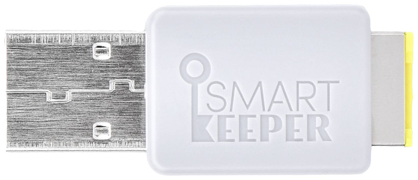 Een USB-apparaat met een wit behuizing waarop 'SMART KEEPER' staat, toont een beveiligingsvoorziening bij de USB-aansluiting.