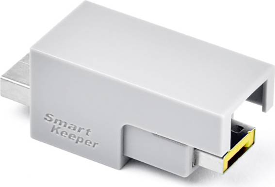 Grijze USB-poortafdekking met het opschrift 'Smart Keeper', beschermt tegen ongeoorloofde toegang en verbetert de beveiliging.