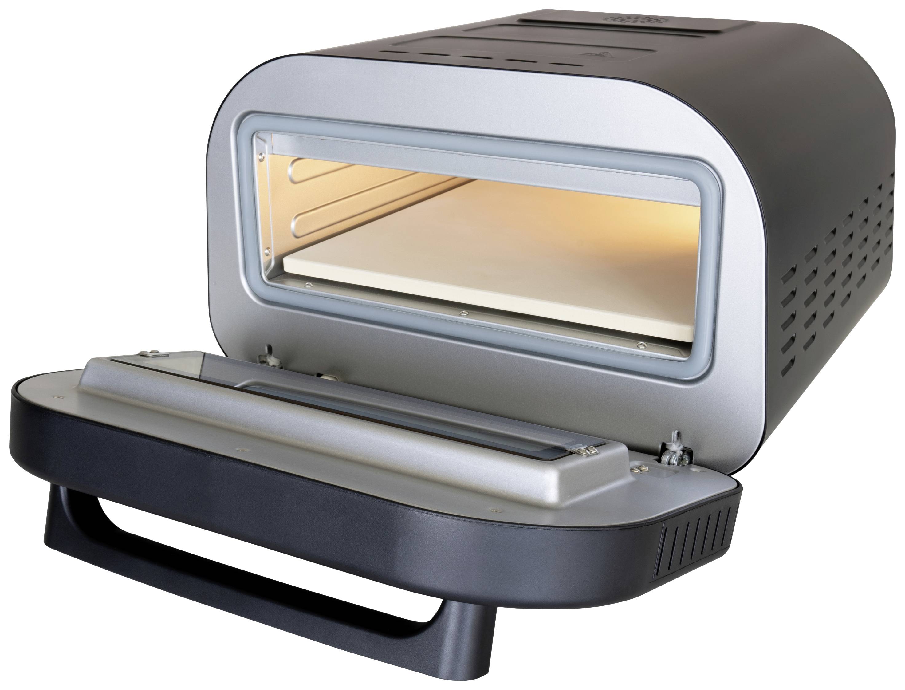 Pizzaoven met geopende klep, toont het interieur met een pizzasteen. Ideaal voor het snel bereiden van pizza's bij hoge temperaturen.