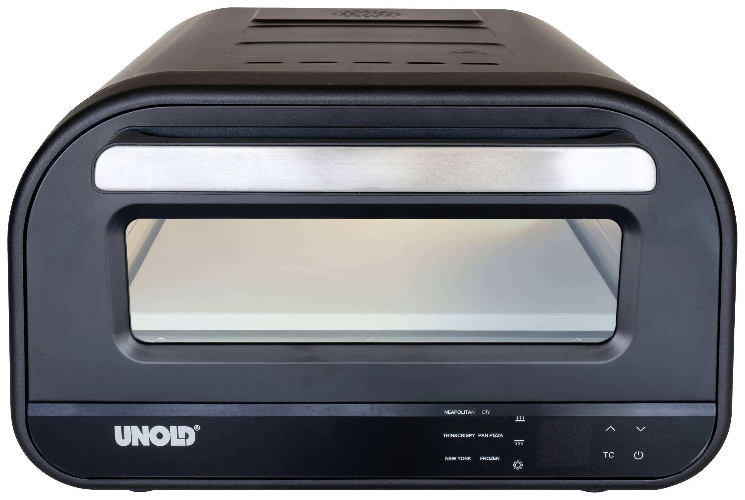 Zwarte Unold-oven met glazen deur, bedieningselementen onderaan. Elektrische grilloven, compact en modern vormgegeven.