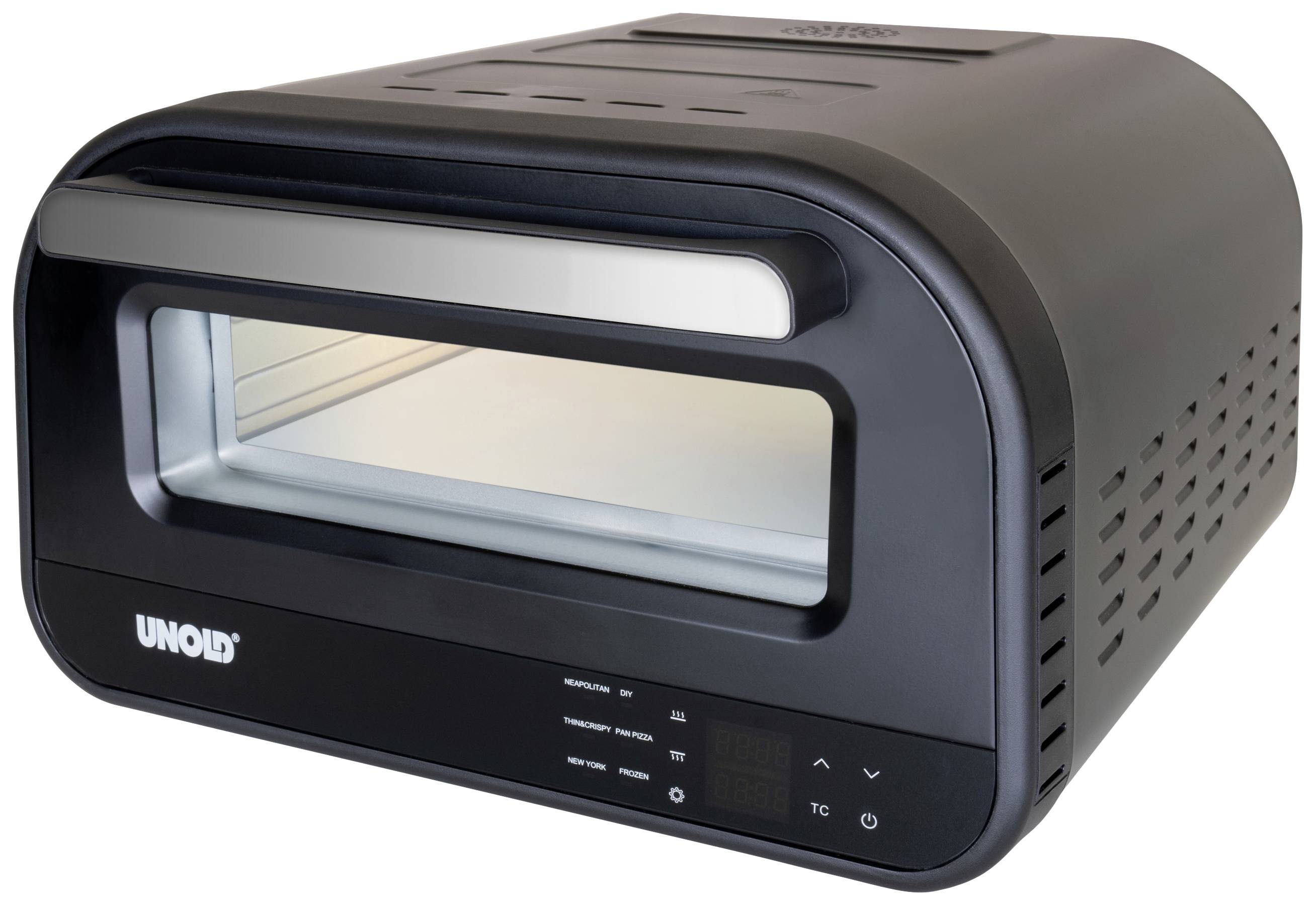 Zwarte pizzaoven met zichtvenster, merknaam 'UNOLD' op de voorkant, bedieningspaneel met temperatuurweergave en bedieningselementen.
