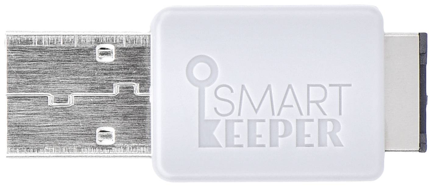 Een USB-stekker is gedeeltelijk bedekt door een witte hoes met de opdruk 'SMART KEEPER'.