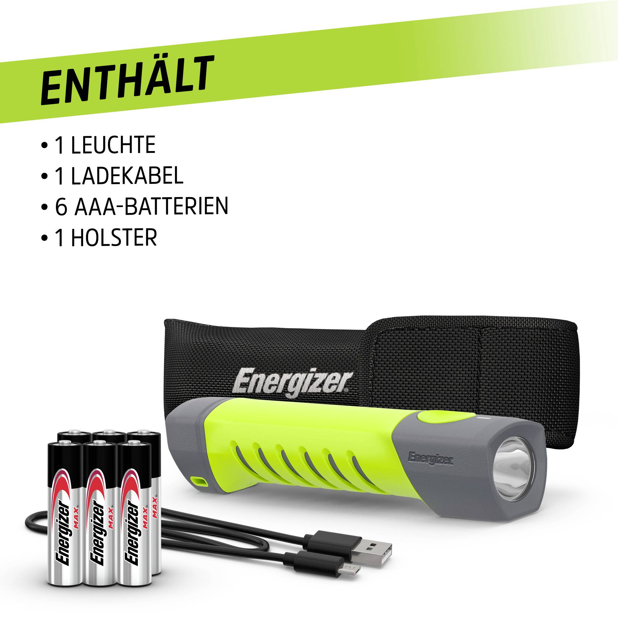 Zaklampset bestaande uit een lamp, oplaadkabel, zes AAA-batterijen en een holster van het merk Energizer.