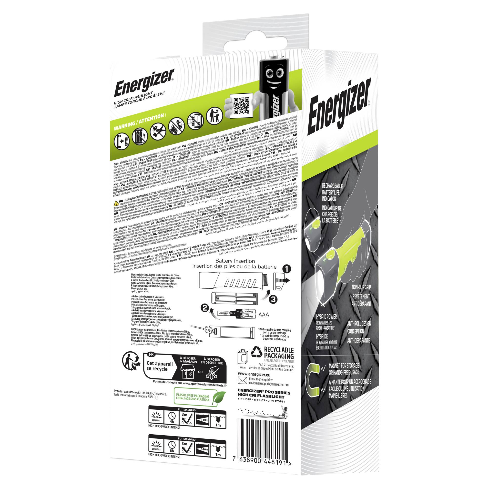 Verpakking van Energizer-batterijen met instructies voor het plaatsen van de batterijen, recycling-aanwijzingen en illustraties. Poly milieuvriendelijk gemarkeerd.