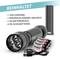 'Afgebeeld is een zaklamp met toebehoren: 1 USB-oplaadkabel, 1 oplaadbaar accupakket, 1 AA-batterijmodule, 6 AA-alkalibatterijen.'